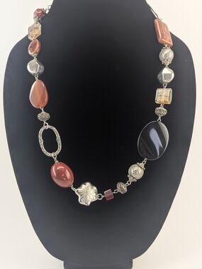 Vintage Signed Premier Designs Agate, Ceramic, Glass Bead Necklace